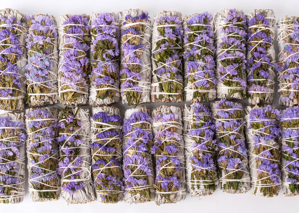 Lilac Sinuata Statice Floral White Sage Smudge Wand