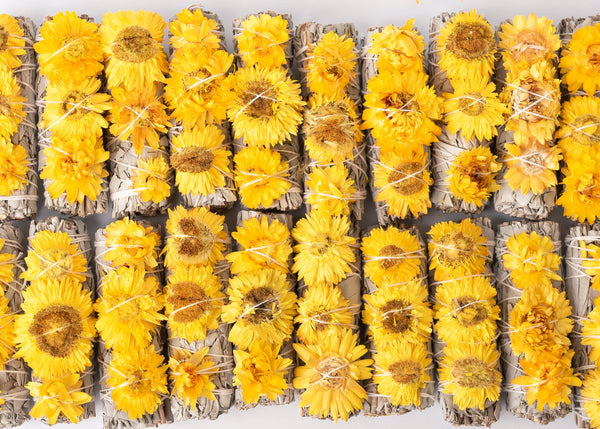 Sunrise Flower, Yellow Strawflower Floral Sage  Smudge Wand