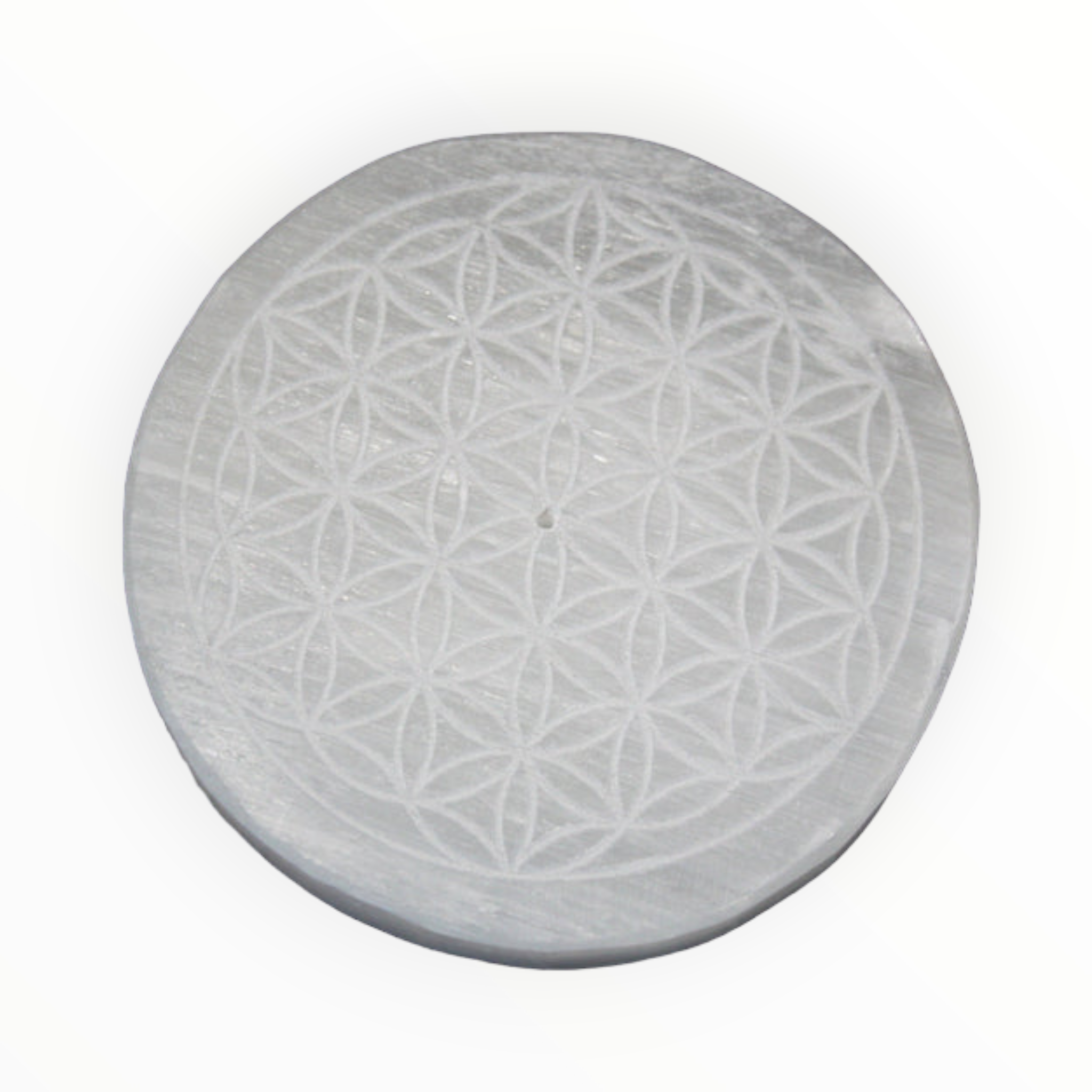 Selenite Incense Holder and Charging Plate with Flower of Life Design