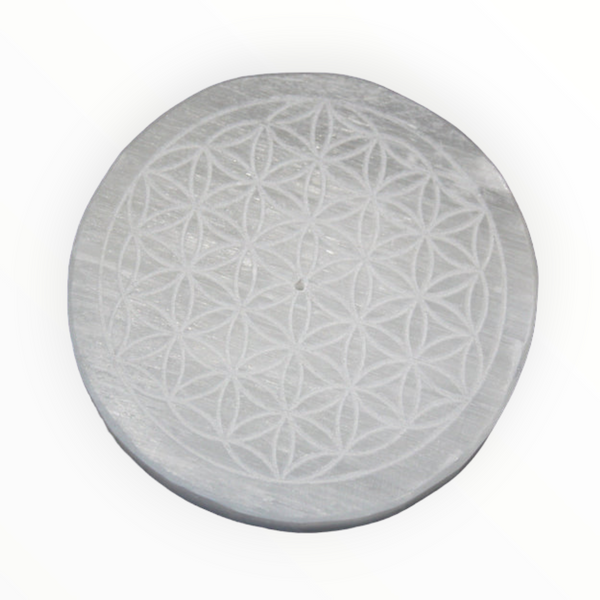 Selenite Incense Holder and Charging Plate with Flower of Life Design