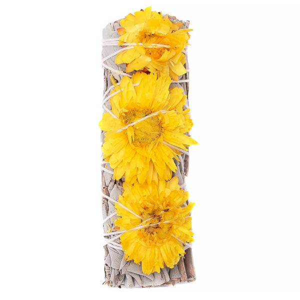 Sunrise Flower, Yellow Strawflower Floral Sage  Smudge Wand