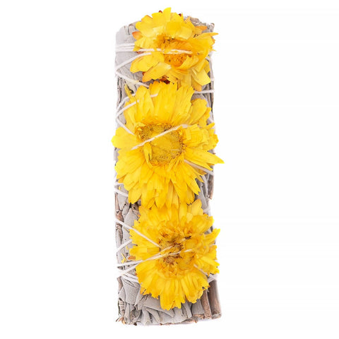 Sunrise Flower, Yellow Strawflower Floral Sage  Smudge Wand