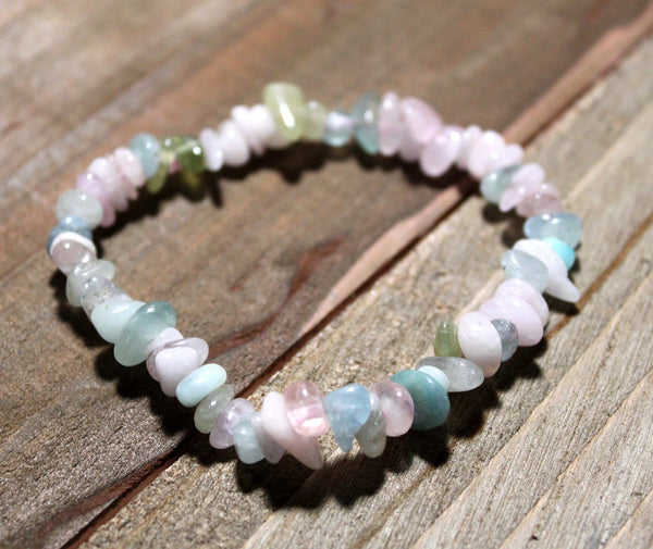 Morganite, Aquamarine and Beryl Chip Bracelet - Relieve Stress, Crown Chakra