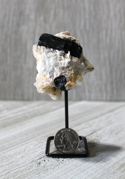 Reiki Charged Black Tourmaline with Quartz Matrix on Display Stand - Protection from Negative Energy