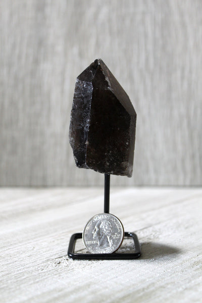 Reiki Charged Smoky Quartz Point Crystal on Display Stand - Grounding, Positive Energy, Relieve Stress